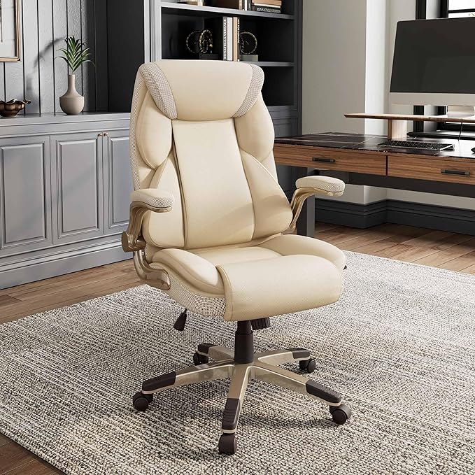 EUREKA ERGONOMIC Galene Executive Office Chair Flip Up Arm Rest Ergonomic Desk Chair Faux Leather Computer Chair High Back Office Chair with Headrest Home Office Desk Chairs with Wheels Beige