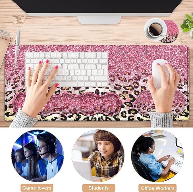 Memory Foam Keyboard Wrist Rest Support + Large Gaming Mouse Pad + Ergonomic Mouse Wrist Support Set Extended Desk Pad with Stitched Edges 31.5×11.8 Pink Leopard Glitter Mousepad Desk Mat