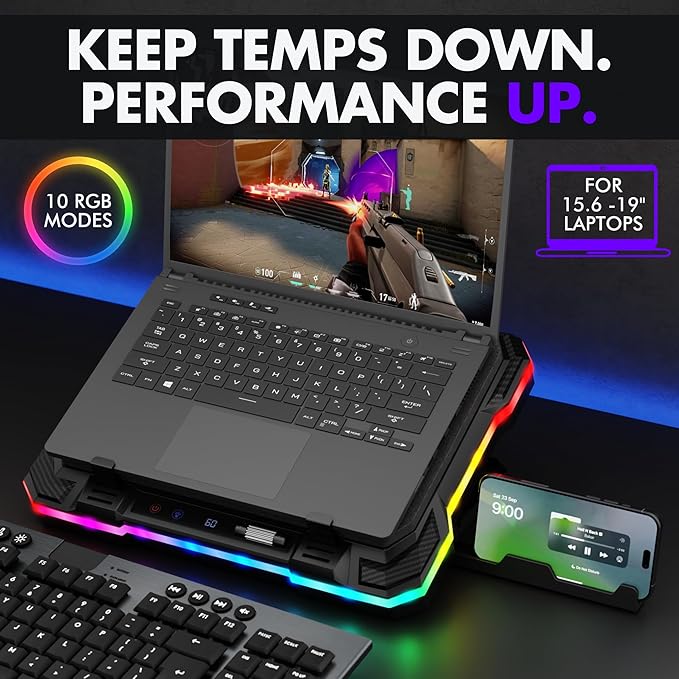 Tilted Nation Gaming Laptop Cooling Pad with USB Hub - Boost Performance Stay Comfortable - RGB Laptop Cooler Stand with Adjustable Height &amp Fan Speed RGB USB (C + A) Hub for 15.6 - 19 Lapto