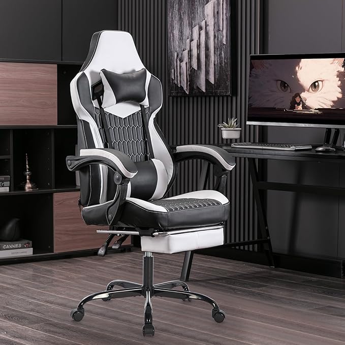 Gaming Chair with Footrest High Back Gaming Chairs PVC Leather Ergonomic Office Gamer Chair Headrest Lumbar Support Racing Style Video Gaming Chair (Black &amp White)