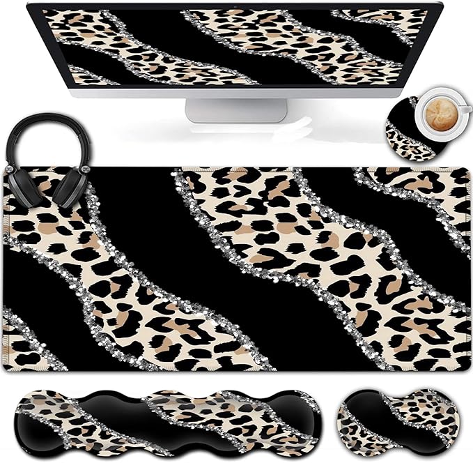 Black Large Gaming Mouse Pad - 31.5x11.8 Ergonomic Memory Foam Wrist Rest Support Non-Slip Base Leopard Design