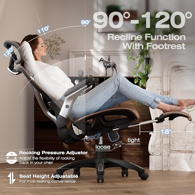 ELABEST X100 Ergonomic Office Chair with Footrest Big and Tall Home Desk Chair with 5D Flip-Up Arms Adjustable 3D Lumbar SupportHigh Back Rolling Computer Chair Swivel Mesh Chairs