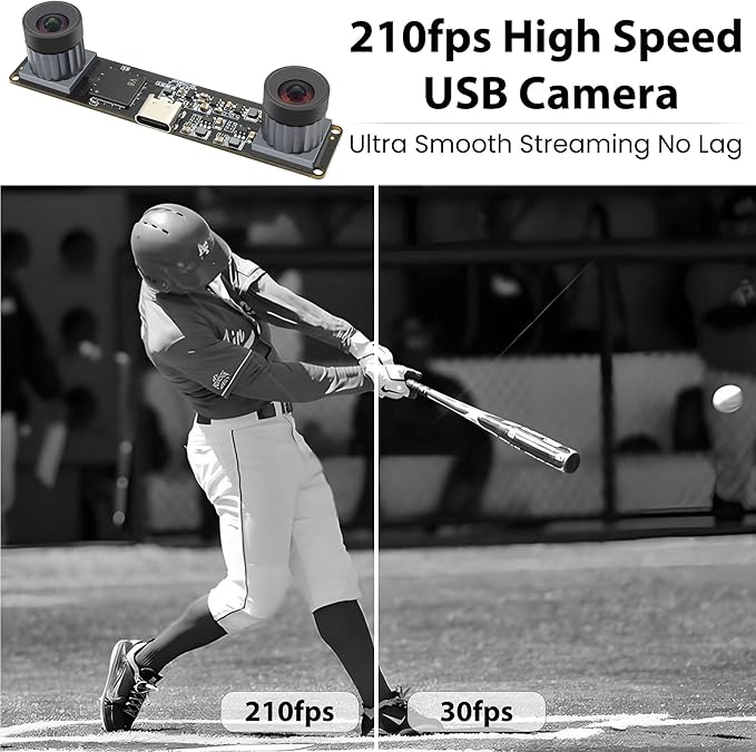 High Speed 210fps USB Camera with Global Shutter 800P Synchronization Dual Lens Monochrome B/W Camera Plug and Play for 3D Printing PC Lightburn QR Code Scanning VR and Face Recognition