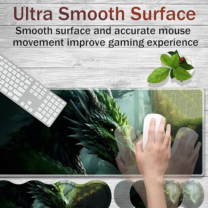 Gaming Mouse Pad Set Large Gaming Mouse Pad+Keyboard Wrist Rest+Mouse Wrist Rest+Coaster Easy Typing Pain Relief 31.5 × 11.8 inch Desk Mat for Home Office - Forest Green Dragon