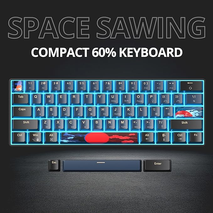 Protable 60% Percent Gaming Keyboard Mechanical Mini Compact Ice-Blue LED Backlit 61 Keys Wired Office Keyboard with Red Switch for Mac/Win/PS4/PS5（Black/Red Switch）