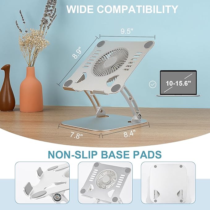 SHUWEI Laptop Cooling Stand with 3 Speed Fan Adjustable Height Laptop Stand for Desk Ergonimic Aluminum Laptop Cooling Pad for 10-15'' Notebook - Bule-Gray