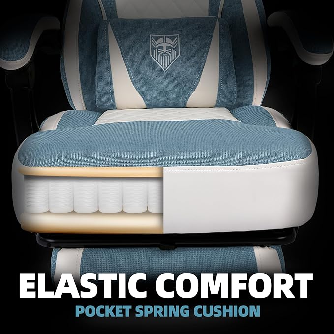Vonesse Gaming Chair Reclining Fabric Gaming Chairs for Adults 250LBS Office Chair with Pocket Spring Cushion Computer Chair with Footrest and Massage Lumbar Support (Blue)