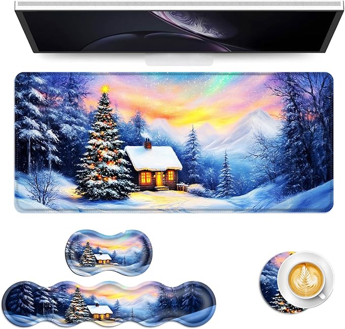 Keyboard Mouse Pad Set Extended Gaming Mouse Pad+Ergonomics Keyboard Wrist Rest Support Memory Foam Easy Typing Pain Relief 4Pcs XL Ultra Thick Desk MatChristmas Snowy Mountain