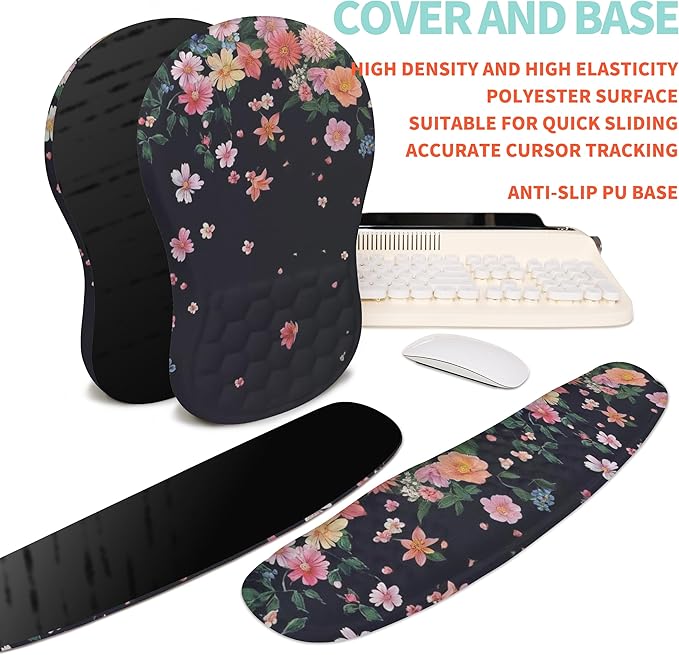 2-in-1 Ergonomic Set Wave Rise Keyboard Wrist Rest and Massage Bulge Slope Mouse Pad Wrist Support Cushion Memory Foam Integrated to Relieve Wrist Pain Flower Dance