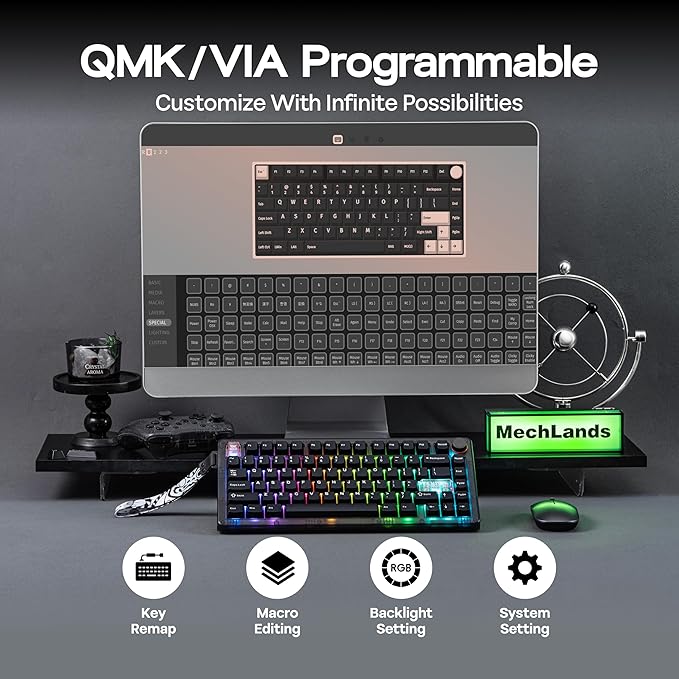 MechLands CIDOO QK75 VIA Programmable 75% Compact Keyboard USB-C/BT5.0/2.4Ghz Wireless Hot Swappable Custom Mechanical Keyboard with Gasket Mounted PC Plate 4000mAh Battery for Win/Mac (Black)