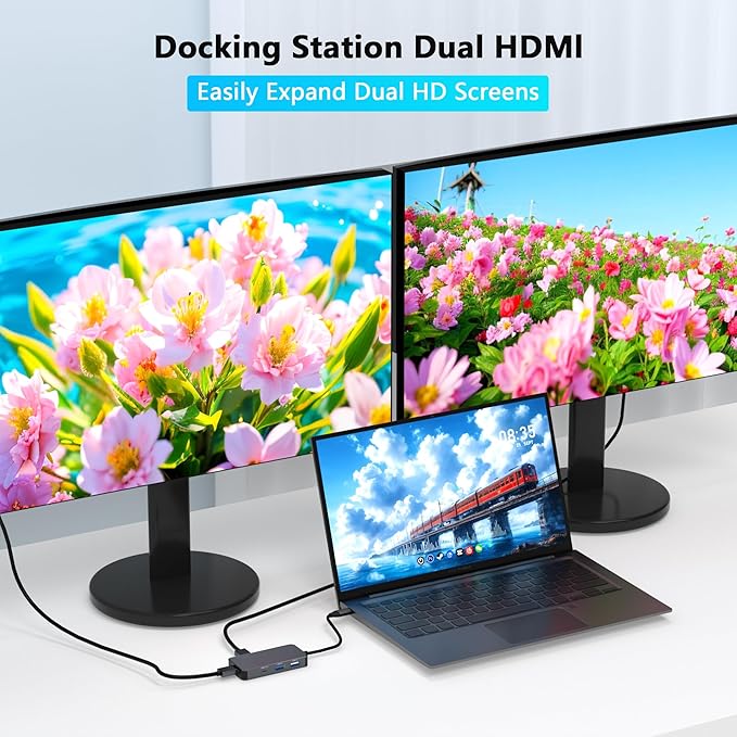 Docking Station Dual Monitor for Dell/HP/Mac Laptops 7 IN 1 USB C to Dual HDMI Adapter Multiport Hub with 2*4K HD 3*USB-A/USB-C Data Port 100W PD HDTV Splitter for Dual Monitors Extended Display