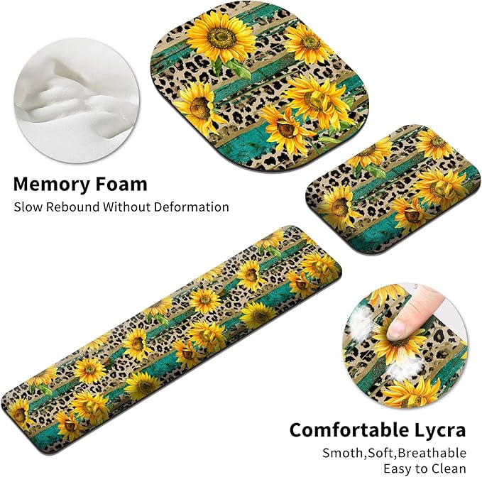 Keyboard Wrist Rest and Mouse Pad Set Keyboard Wrist Support + Small Mouse Pad + Elbow Arm Rest Pad + Coaster Ergonomic Memory Foam Wrist Rest for Computer Keyboard Leopard Sunflower