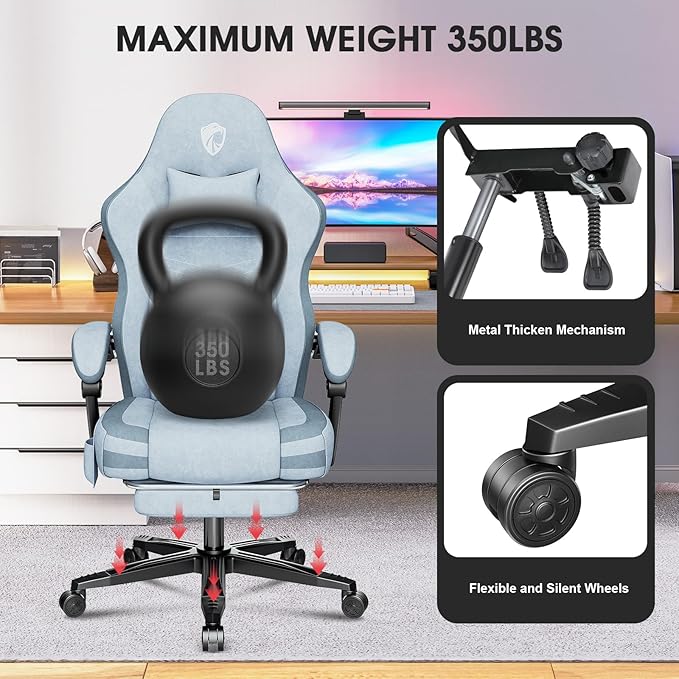 Gaming Chair Fabric Computer Office Chair with Massage Ergonomic Chair with Footrest Lumbar Support Pocket Spring Widened Cushion Metal Legs 350LBS Blue