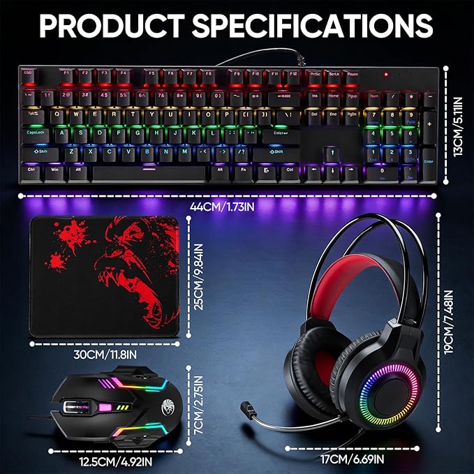 Gaming Mechanical Keyboard and Mouse and Mouse pad and Gaming Headset Wired LED RGB Backlight Bundle for PC Gamers and Xbox and PS4 Users - 4 in 1 Edition