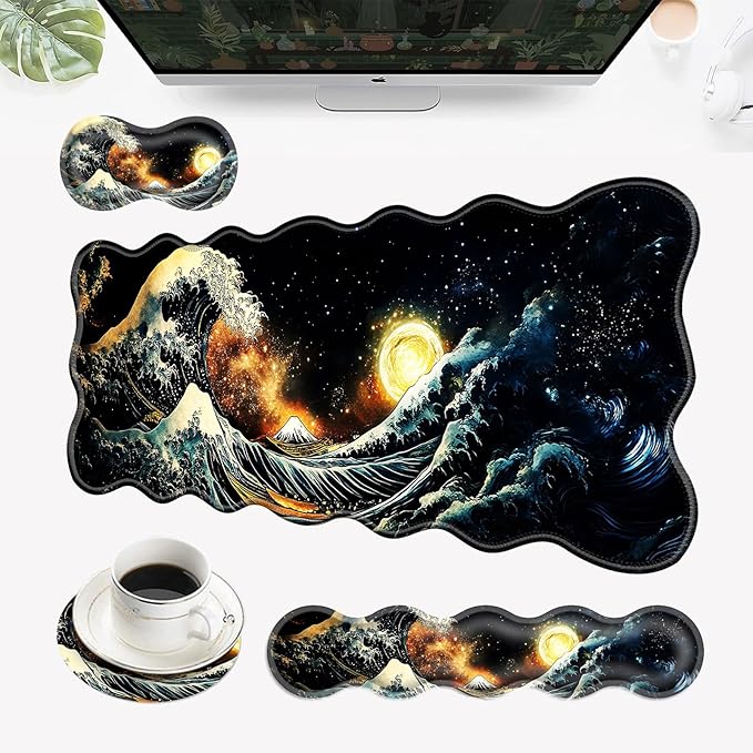 Desk Mat Mouse Pad with Wrist Rest 4-in-1 Large Mouse Pads for Desk Ergonomic Mouse Pad and Keyboard Wrist Rest Gaming Keyboard Mat for OfficeJapanese Sea Wave