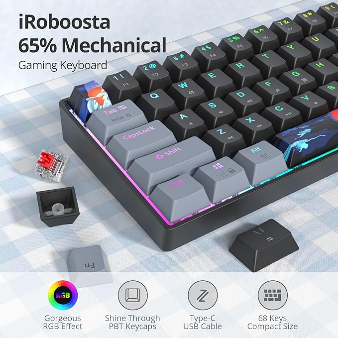 Black and Grey Mechanical Gaming Keyboard 65% 68 Keys Small Wired RGB Keyboard with PBT Keycaps Anti-Ghosting for Game/Office