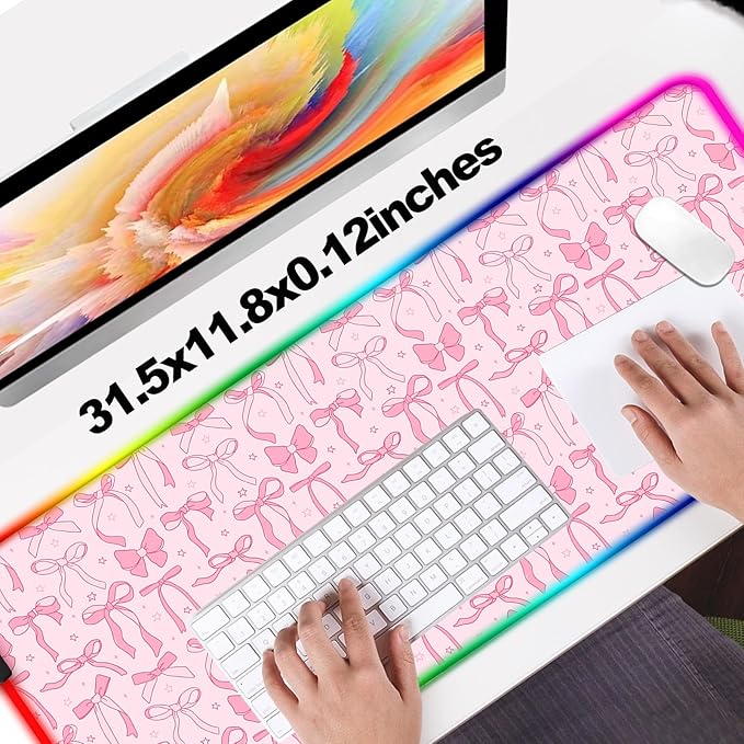 RGB Pretty Bow Girly Gaming Desk Mat Computer Keyboard Large Extended Long LED Mouse Pad for Office and Home XL (W24)