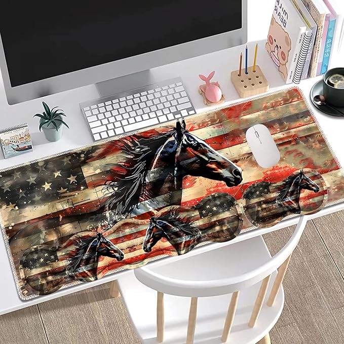 Large Gaming Mouse Pad + Keyboard Wrist Rest + Wrist Support + Coaster Set Memory Foam Ergonomic for Easy Typing XXL Extended Gaming Mouse Pad Table Pad - Flag Horse American