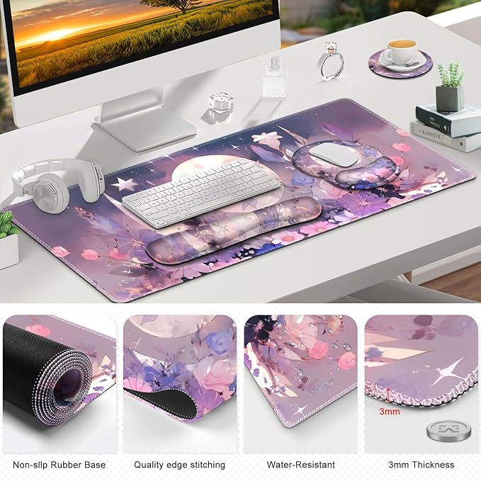 Large Desk Mat Gaming Mouse Pad Desk Pad Protector XXL Mousepad + Keyboard Wrist Rest+Mouse Wrist Rest+Coaster Set with Ergonomic Desk Pad for Home Office PC Computer Pastel Purple Flower Moon