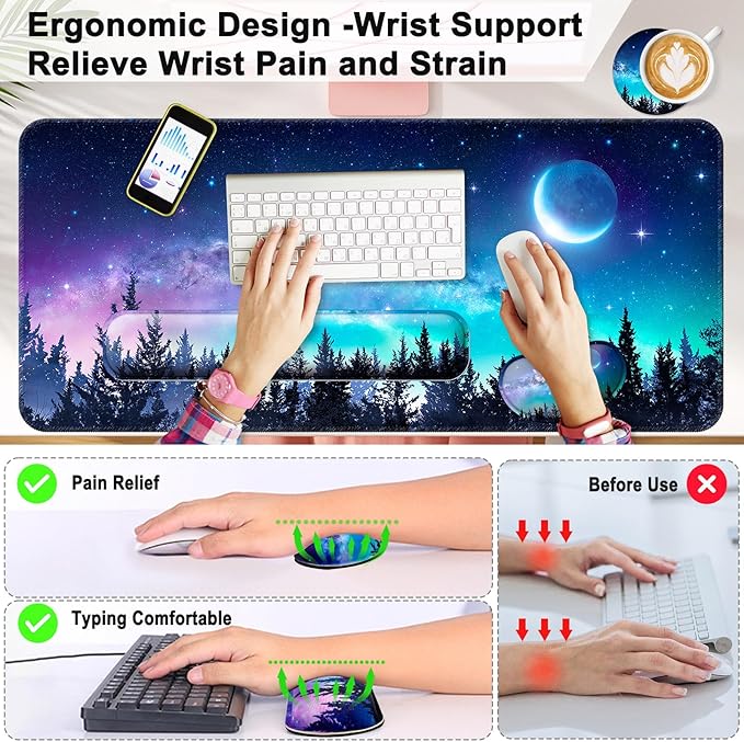 Keyboard Wrist Rest + Mouse Pad with Wrist Support + Desk Mat + Coaster 4 in 1 Set XXL Large Gaming Mousepad Cute Ergonomic Mouse Pads for Desk Computer Laptop Office Decor-Forest Moon