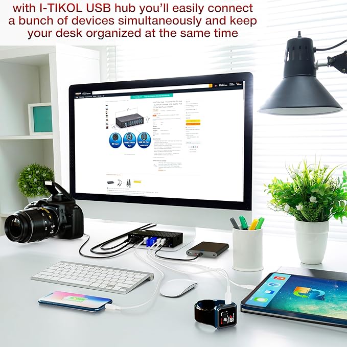 7 Port USB 3.0 Hub - Powered USB Hub –Multiple USB Splitter with Built-in 12V/3A/36W Power Adapter - Up to 5Gbps Sync &amp High-Speed Data Transfer - Mounting Brackets for Phone MB Laptop Tablet PC