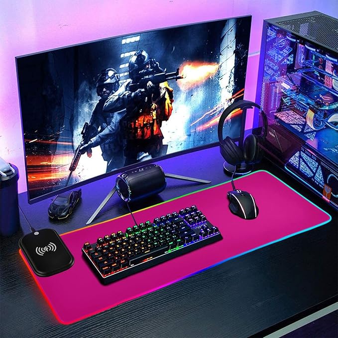Bright Pink Mouse Pad Gaming Mousepad Non Slip Desk Mat Wireless Charging RGB Computer Mouse Pads Keyboard Pad Mats for Office Home Desktop 35.4 x 15.7 in