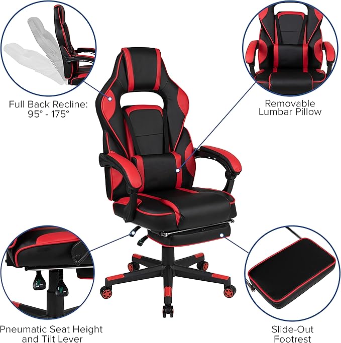 EMMA + OLIVER Gaming Bundle-Cup/Headphone Desk &amp Red Reclining Footrest Chair