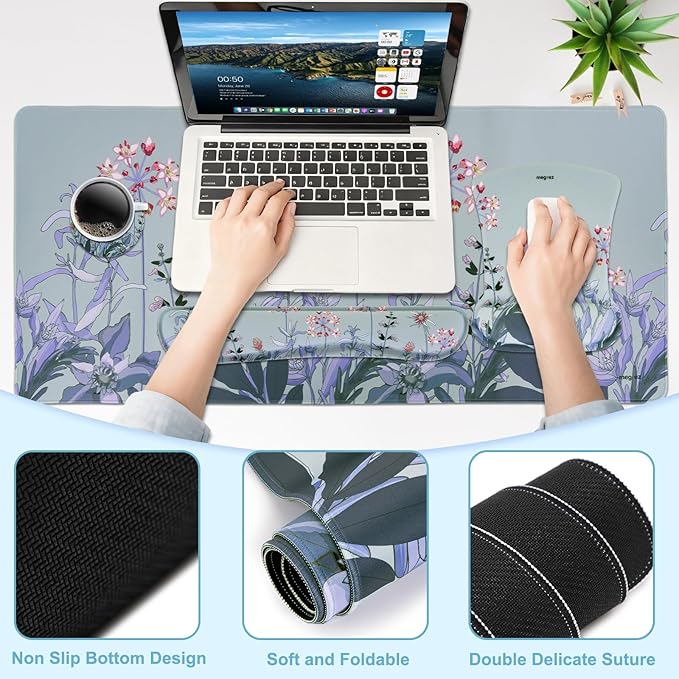 MEGREZ 4-in-1 Ergonomic Memory Foam Wrist Rest Set Desk Pad Mouse Pad with Wrist Rest Keyboard Pad Suitable for Office Workers Programmers &amp Gamers–Relieve Typing &amp Gaming Fatigue Blue G