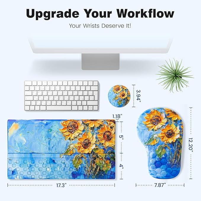 Ospelelf Ergonomic Mouse Pad and Keyboard Stand Wrist Rest Set Memory Foam Comfort Pain Relief for Typing Office Desk Accessories Sunflower