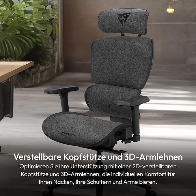 ThunderX3 XTC Ergonomic Office Chair for Adults Gaming Chair High Back Desk Chair Synchronous Tilt Self-Adjusting Lumbar Support and Backrest Adjustable Headrest Fabric Loft Dark Grey