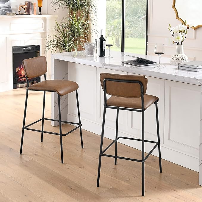 Pu Faux Leather Bar Stools Set of 2 Pub Barstools with Back and Footrest Brown (18.25 x20“x38.5”