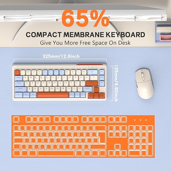 M68 65% Wireless Gaming KeyboardBluetooth/2.4GHz/ Wired Tri-Mode Silent Membrane KeyboardPBT Keycaps2000mAH Rechargeable67 Keys Rainbow LED Backlit PC Gaming Keyboard for Win/Mac-Blueberry