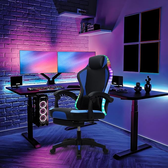 Gaming ChairComputer Gaming Chair for Adults and Kids Ergonomic Computer Chair for Girl with Footrest and Headrest Comfortable Reclining PC Game Chair High Back Music Video Chair Blue