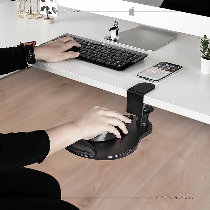 EHO Clamp-On Mouse Platform with Gel Wrist Rest 360° Rotating Under Desk Mouse Tray with Slide-in Storage Ergonomic Space-Saving Armrest for Left or Right-Hand Use TAA-Compliant