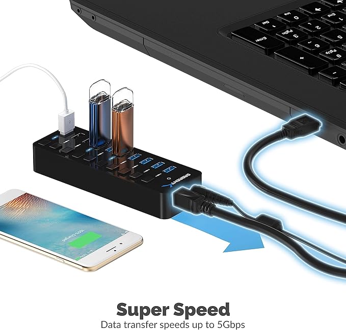 Sabrent 60W 10-Port USB 3.0 Hub + Mini Travel 2.4GHz Wireless Mouse with Nano Receiver