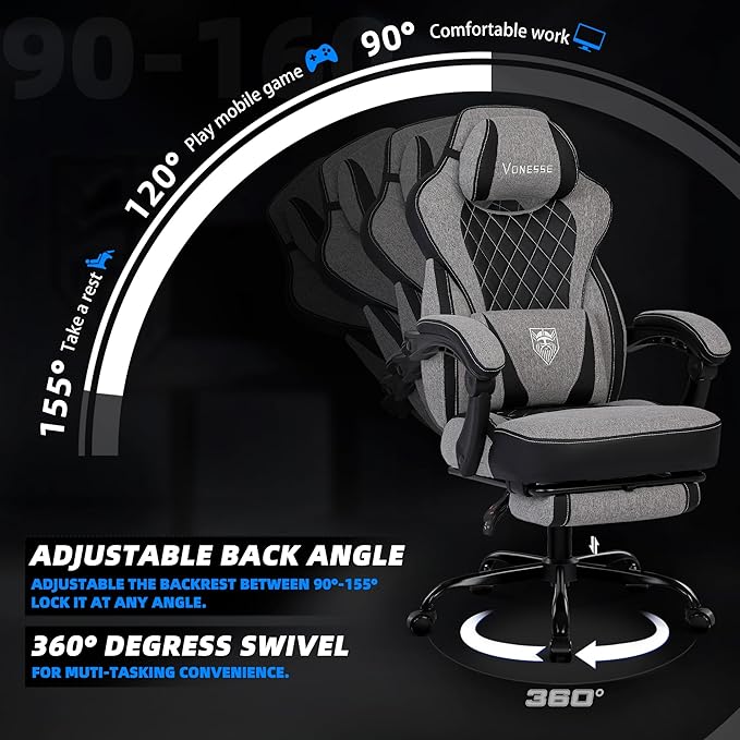 Vonesse Gaming Chair Reclining Fabric Gaming Chairs for Adults 250LBS Office Chair with Pocket Spring Cushion Computer Chair with Footrest and Massage Lumbar Support (Grey)