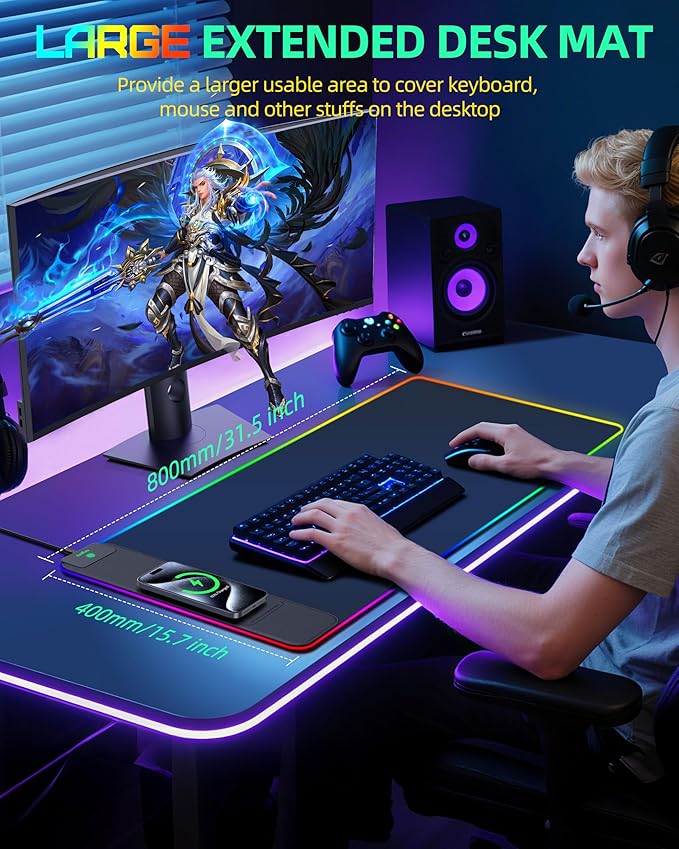 Wireless Charging Mouse Pad RGB Gaming Desk Mat 31.5x15.7 Large XXL Desk Pad 15 Lighting Modes Ultra-Smooth Surface Non-Slip Mouse Mat Waterproof Computer Keyboard Pad for Desk Office Black