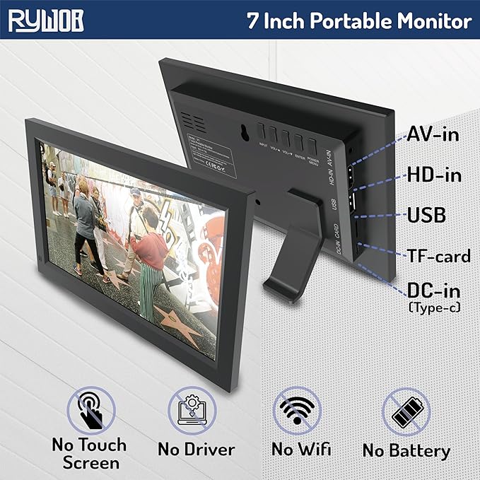 7 Inch Mini MonitorTFT LCD ScreenHDMI/USB/Card/AV InputMini Monitor with Built-in Speakers and RemoteMulti-Function Mini Small Display for Raspberry Pi PC/TV/DVD