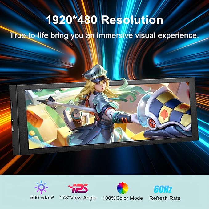 8.8 Inch FHD Computer Secondary Screen IPS 1920x480 LCD Display CPU Temperature Monitor with Casing for Computer Case Temperature Windows Aida64 CPU GPU Monitor