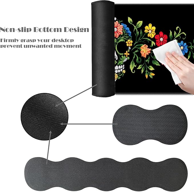 Ergonomic Keyboard Wrist Rest &amp Mouse Pad Wrist Rest SetXL Gaming Desk Mat 31.5x 11.8Non-Slip BaseMemory FoamEasy Typing Pain Relief for Office &amp HomeFloral Skull