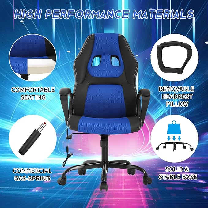 Video Gaming Chair with Massage Function Ergonomic Computer Desk Chairs Home Office Desk Chair with Lumbar Support Adjustable Height Swivel Wheels Blue