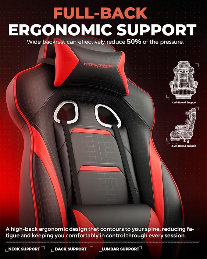 GTPLAYER Gaming Chair with Footrest Big and Tall Game Chair 350lb Racing Style Computer Chair Ergonomic Executive Office Chair High Back with Lumbar Support and Recliner Red