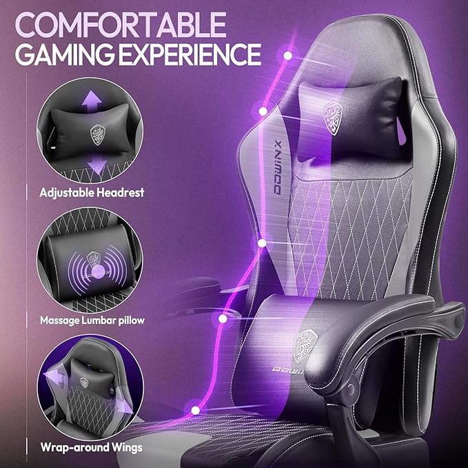 Dowinx Gaming Chair with Massage Lumbar Support and Footrest Video Game Chair for Adults Adjustable Ergonomic Gamer Chairs High Back with Pocket Spring Cushion Swivel Recliner with Headrest Grey
