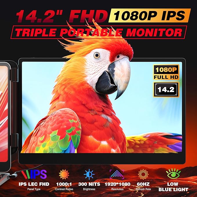 Laptop Screen Extender Triple Monitor 14.2 Portable Multi Monitor FHD 1080P IPS Ultra-Thin HDMI/USB-A/Type-C &amp Plug &amp Play Fits 13-17 Laptops Compatible with Windows/macOS/Android/Switch