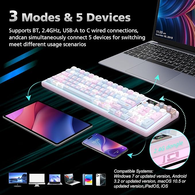 H98 Wireless Mechanical Keyboard96-Key Hot-Swappable Wired Gaming KeyboardTri-Mode Bluetooth 5.0 2.4G USB-C1.14 Color ScreenDouble Knob6000mAhRGBPBT Keycaps for PC Mac iPad-Pink