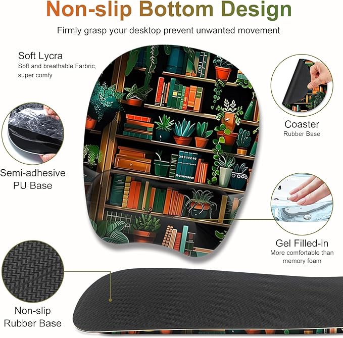 Mouse Pad with Wrist Support 4 in1 Set XXL Big Game Mousepad + Keyboard Wrist Rest + Mouse Wrist Rest Pad +Coaster Gaming Mat for Home Office Work Computer Laptop PC I Green Vine Book Forest