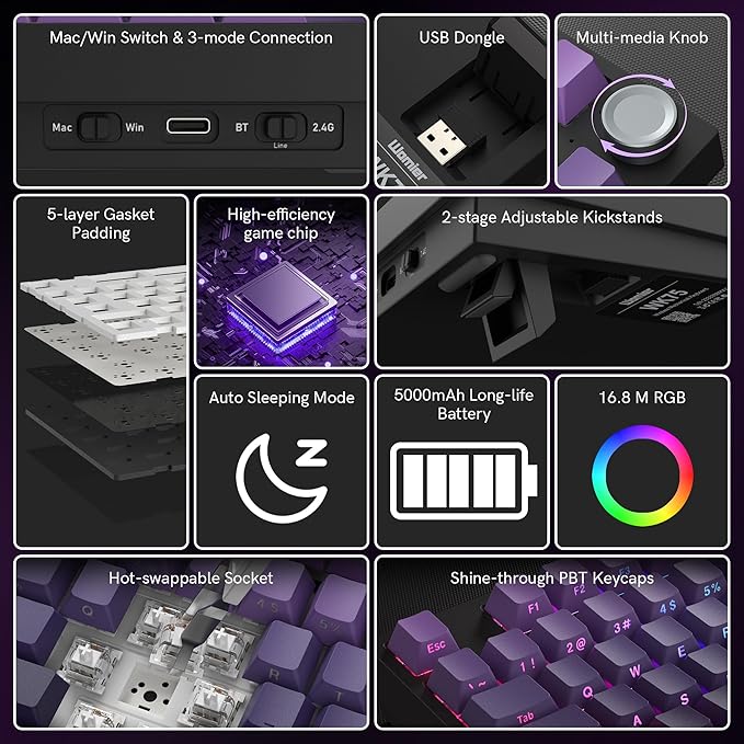 COSTOM WK75 75% Wireless Gaming Mechanical KeyboardBT5.0/2.4GHz/USB-C Hot Swappable Pre-lubed Custom Linear SwitchesGasket StructureRGB Backlit Keyboard for PC/Laptop/Xbox/PS4/PS5 (Purple)