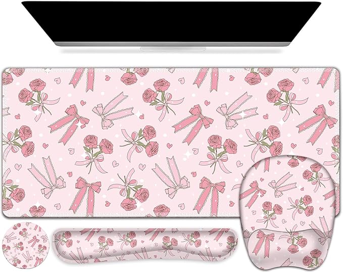Pink Mouse Pad with Wrist Support 4 in1 Set XXL Big Game Mousepad + Keyboard Wrist Rest + Mouse Wrist Rest Pad +Coaster Gaming Mat for Home Office Work Computer Laptop PC I Sweet Rose &amp Heart Bow