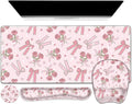 Pink Mouse Pad with Wrist Support 4 in1 Set XXL Big Game Mousepad + Keyboard Wrist Rest + Mouse Wrist Rest Pad +Coaster Gaming Mat for Home Office Work Computer Laptop PC I Sweet Rose &amp Heart Bow