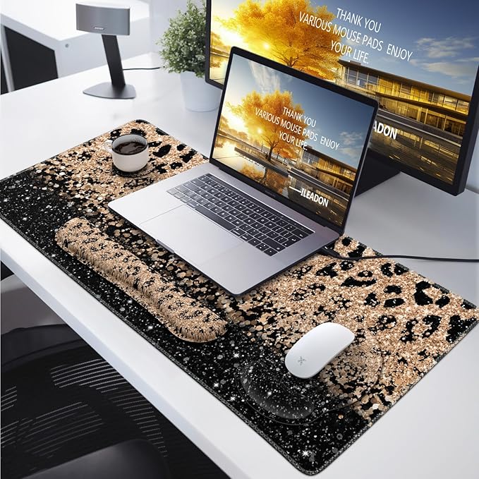 iLeadon Mouse Pad Set Desk Mat + Mouse Pad with Wrist Rest + Keyboard Wrist Rest + Coaster 4in1 Leopard Mouse and Keyboard Pad Set for Home Office Black Gold Leopard